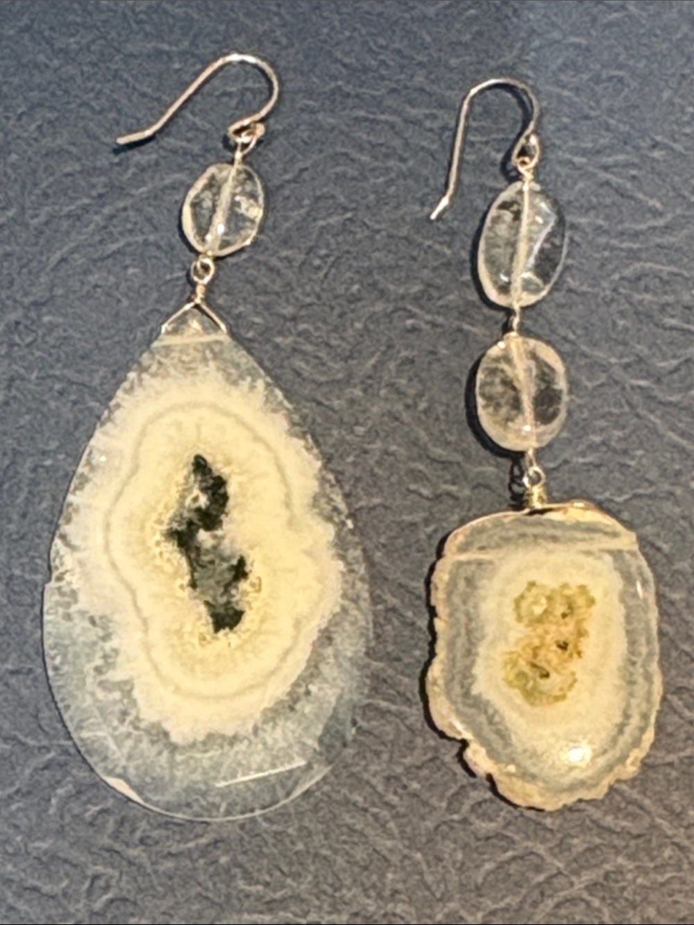 Natural Agate Drop Dangle Earrings in Cream and Green in sterling silver.